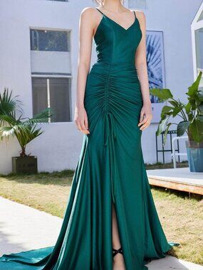 NWT J'Adore Dresses J21008 Ruched Satin Prom Dress Emerald Size 12